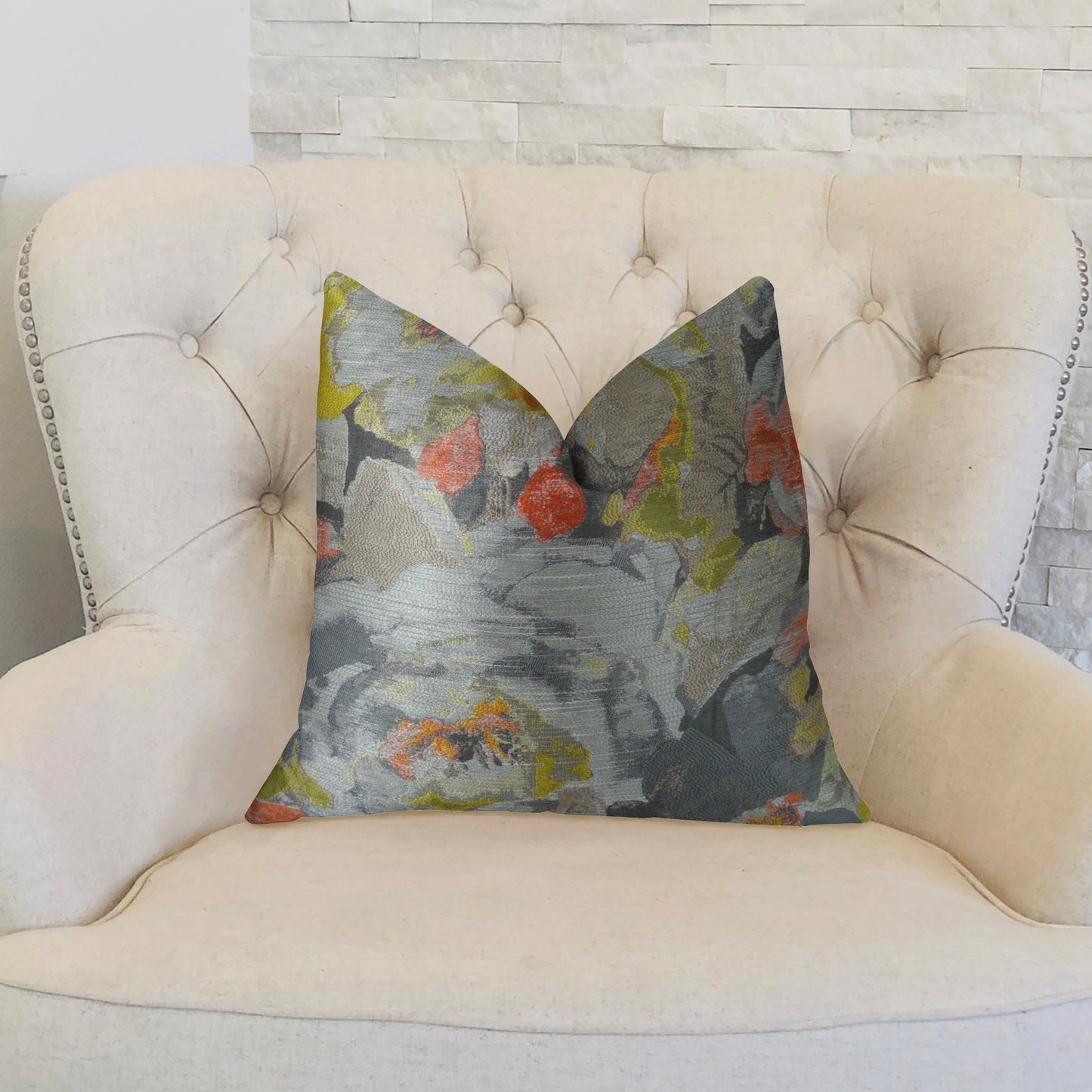 Fairy Garden Gray Yellow and Coral Handmade Luxury Pillow