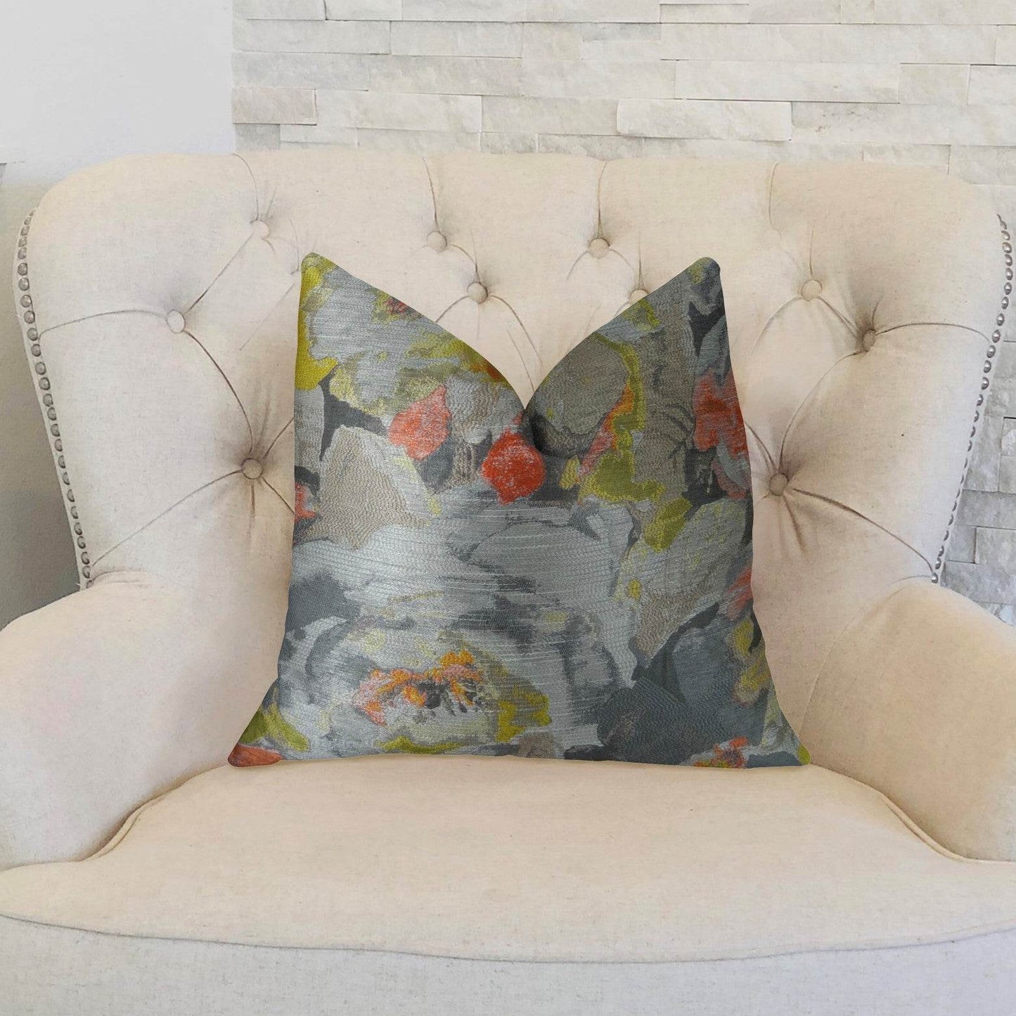 Fairy Garden Gray Yellow and Coral Handmade Luxury Pillow - Plutus Brands