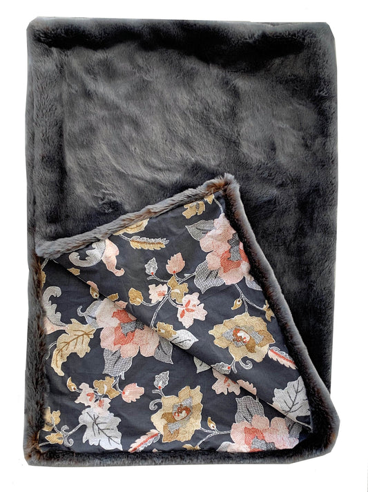 Two Tone Gray/Amber Handmade Luxury Throw with Floral Backing - Plutus Brands