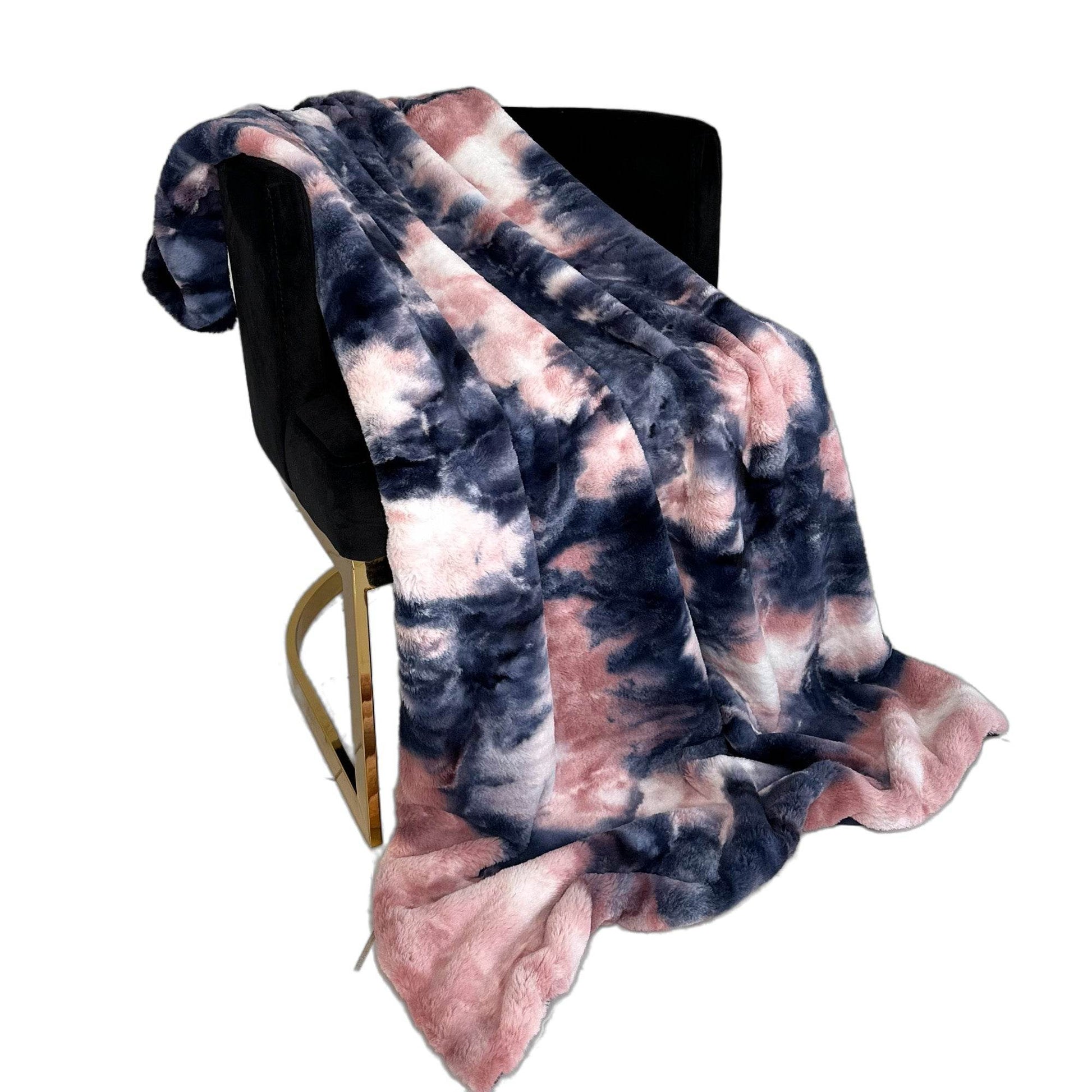 Plutus Pink Navy Fureal Faux Fur Luxury Throw Blanket - Plutus Brands