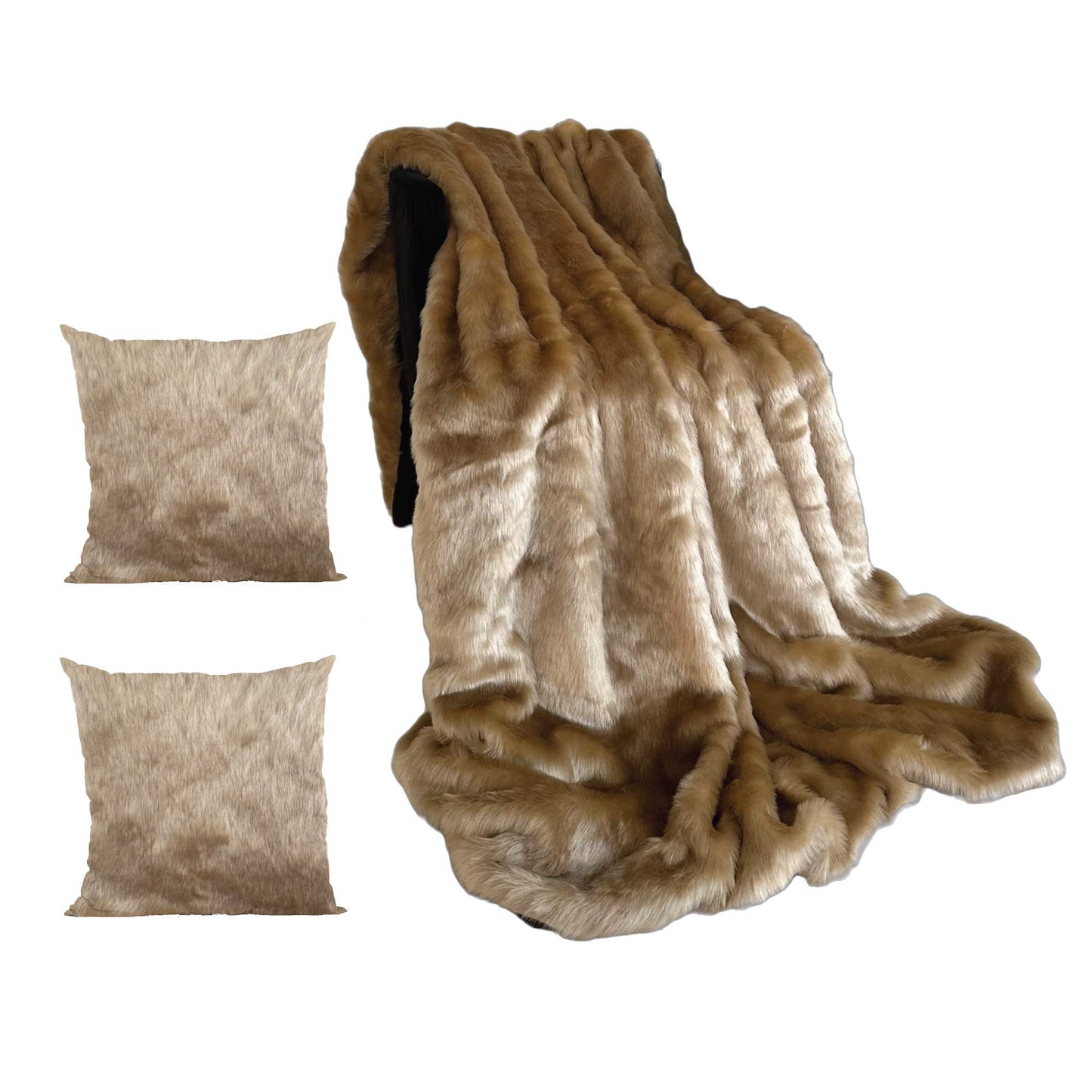 Plutus Brown Gold Rabbit Faux Fur Pillow & Blanket Set