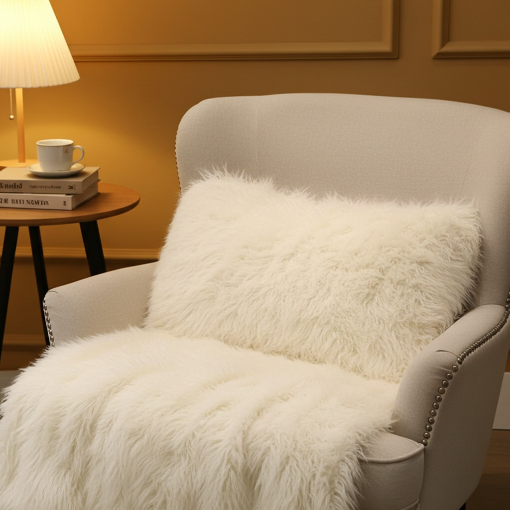 Plutus Off White Mongolian Fur Off White Animal Faux Fur Luxury Throw Pillow