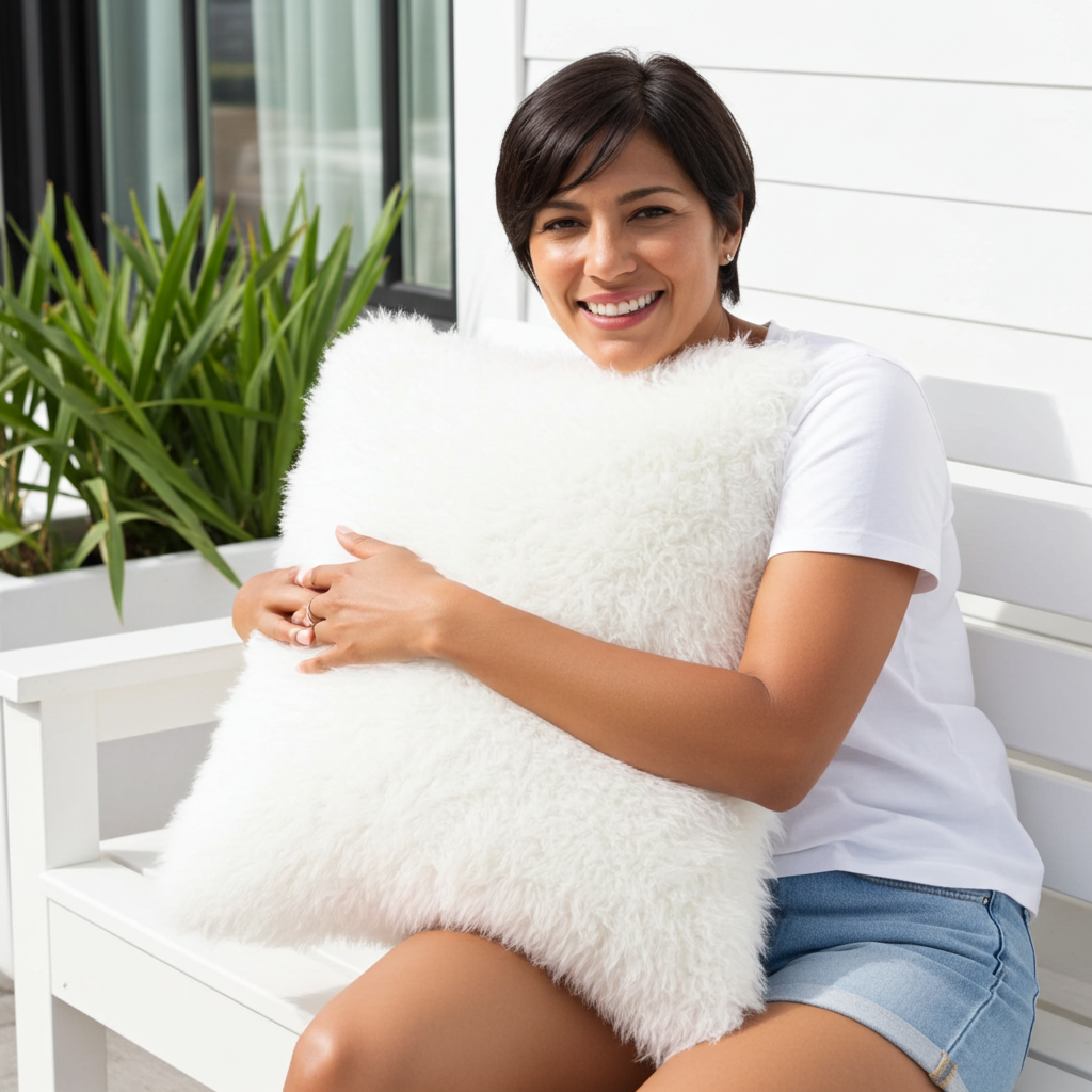 Plutus Off White Mongolian Fur Off White Animal Faux Fur Luxury Throw Pillow