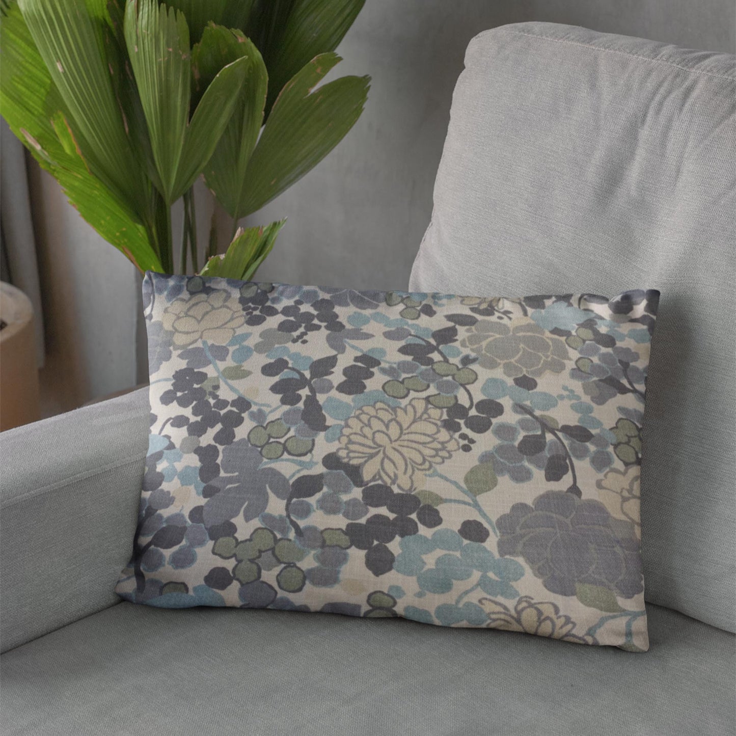 Plutus Blue Beige Gray Serene Blooms Floral Luxury Throw Pillow