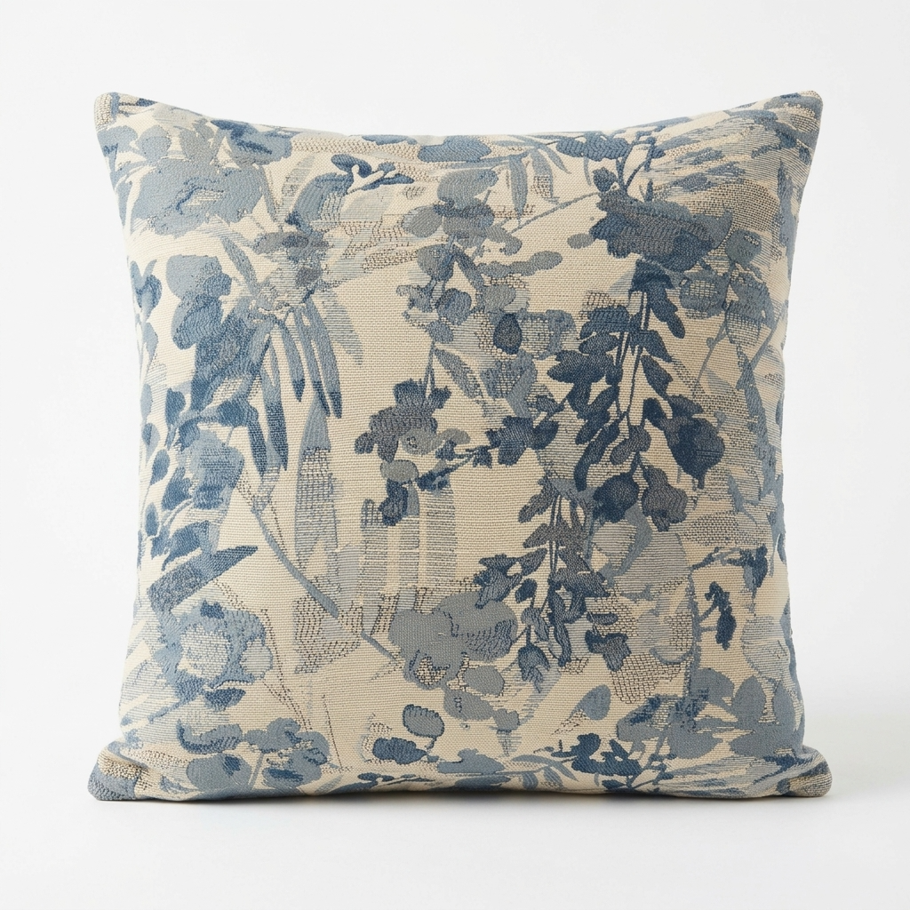 Plutus Blue Beige Gray Serene Blooms Floral Luxury Throw Pillow