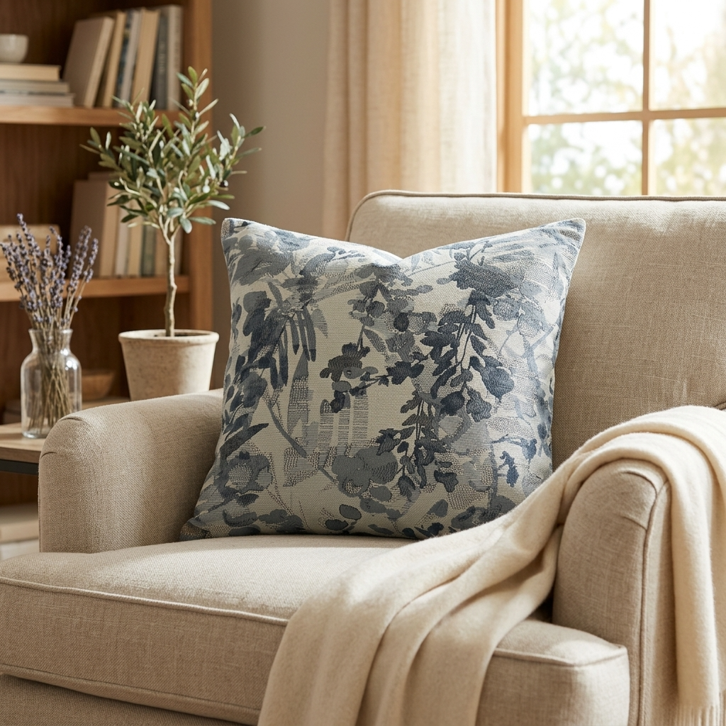Plutus Blue Beige Gray Serene Blooms Floral Luxury Throw Pillow