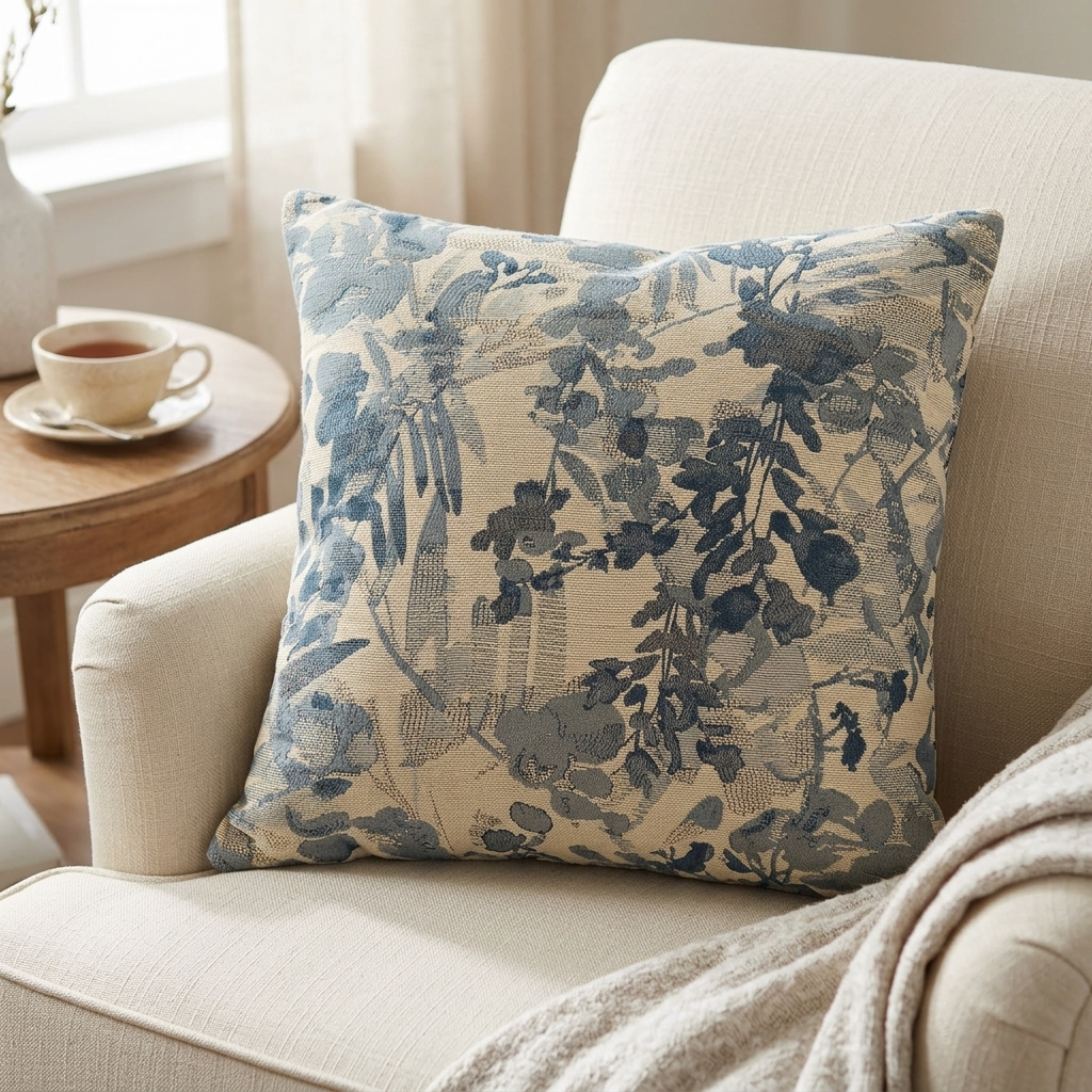 Plutus Blue Beige Gray Serene Blooms Floral Luxury Throw Pillow