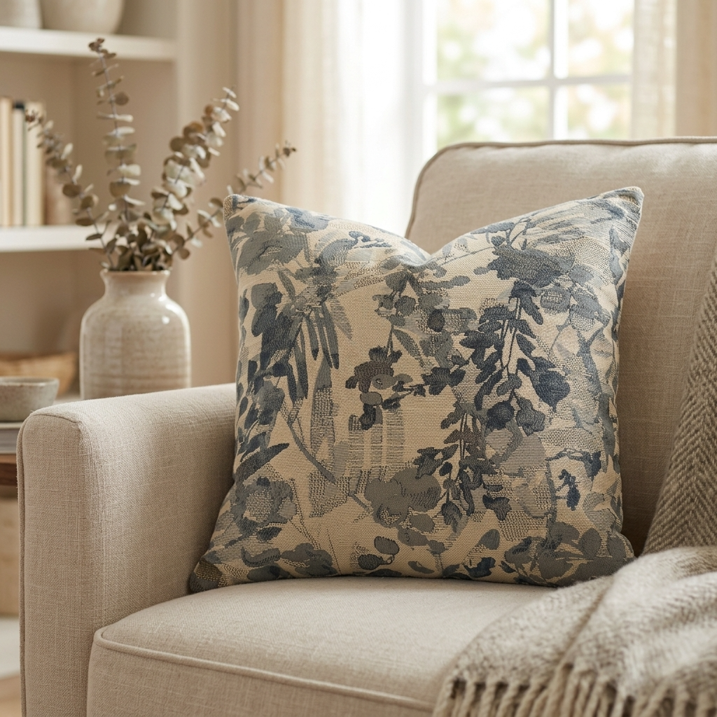 Plutus Blue Beige Gray Serene Blooms Floral Luxury Throw Pillow