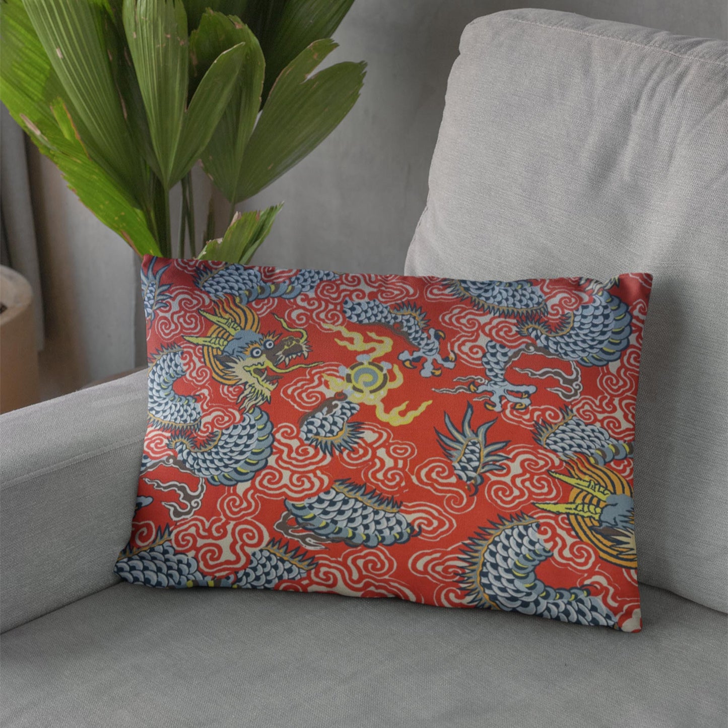 Plutus Red Blue Dragon's Fury Animal Luxury Throw Pillow