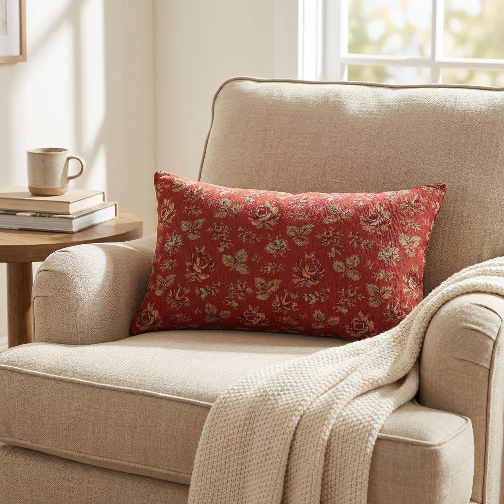 Plutus Persimmon Garden Cherry Blossoms Printed On A Linen Looking Polyester. Luxury Throw Pillow