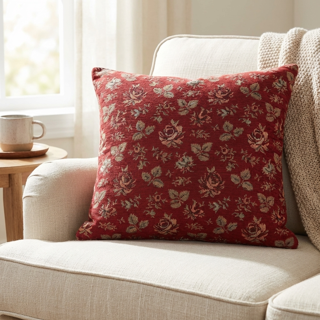 Plutus Persimmon Garden Cherry Blossoms Printed On A Linen Looking Polyester. Luxury Throw Pillow