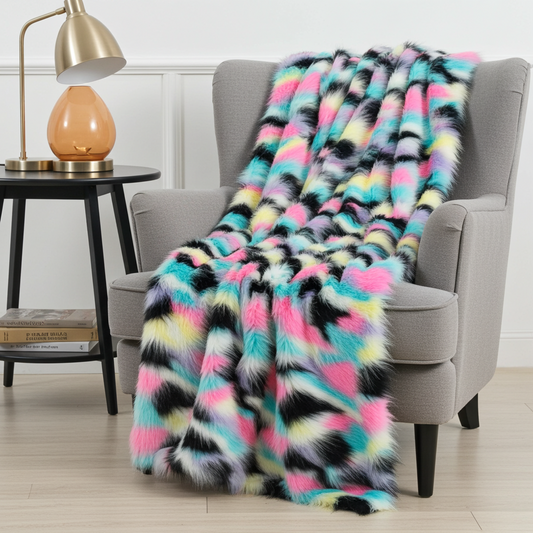 Plutus Pink, Blue, Black, Yellow  Exotic Faux Fur Luxury Throw Blanket