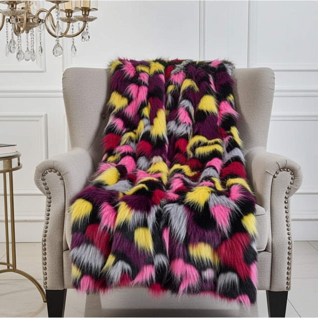 Plutus Burgundy, Black  Exotic Parrot Faux Fur Luxury Throw Blanket