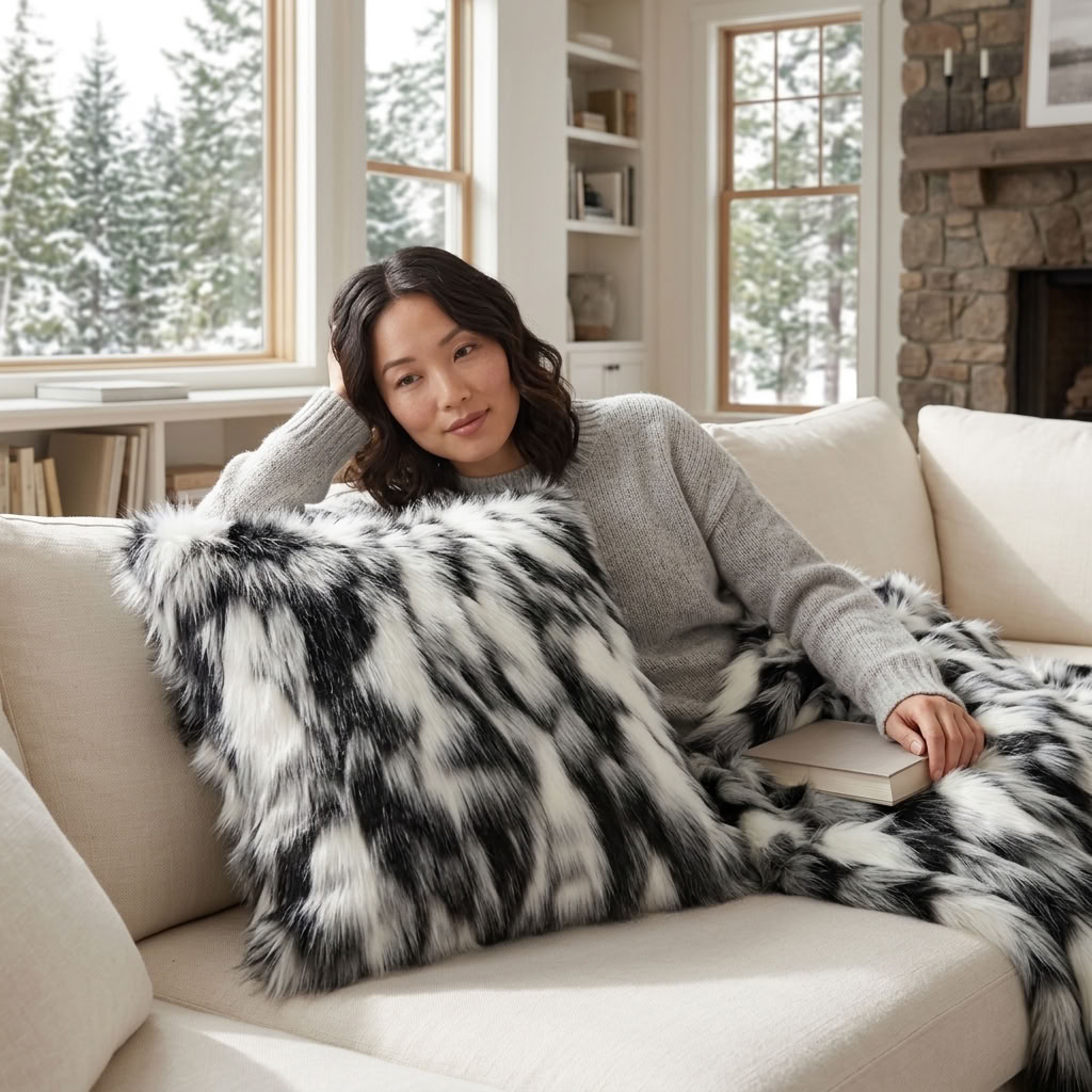 Plutus Black, White Zebra Animal Faux Fur Luxury Throw Pillow