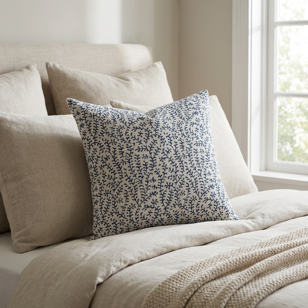 Deep Blue Reef Blue, cream Floral Luxury Throw Pillow
