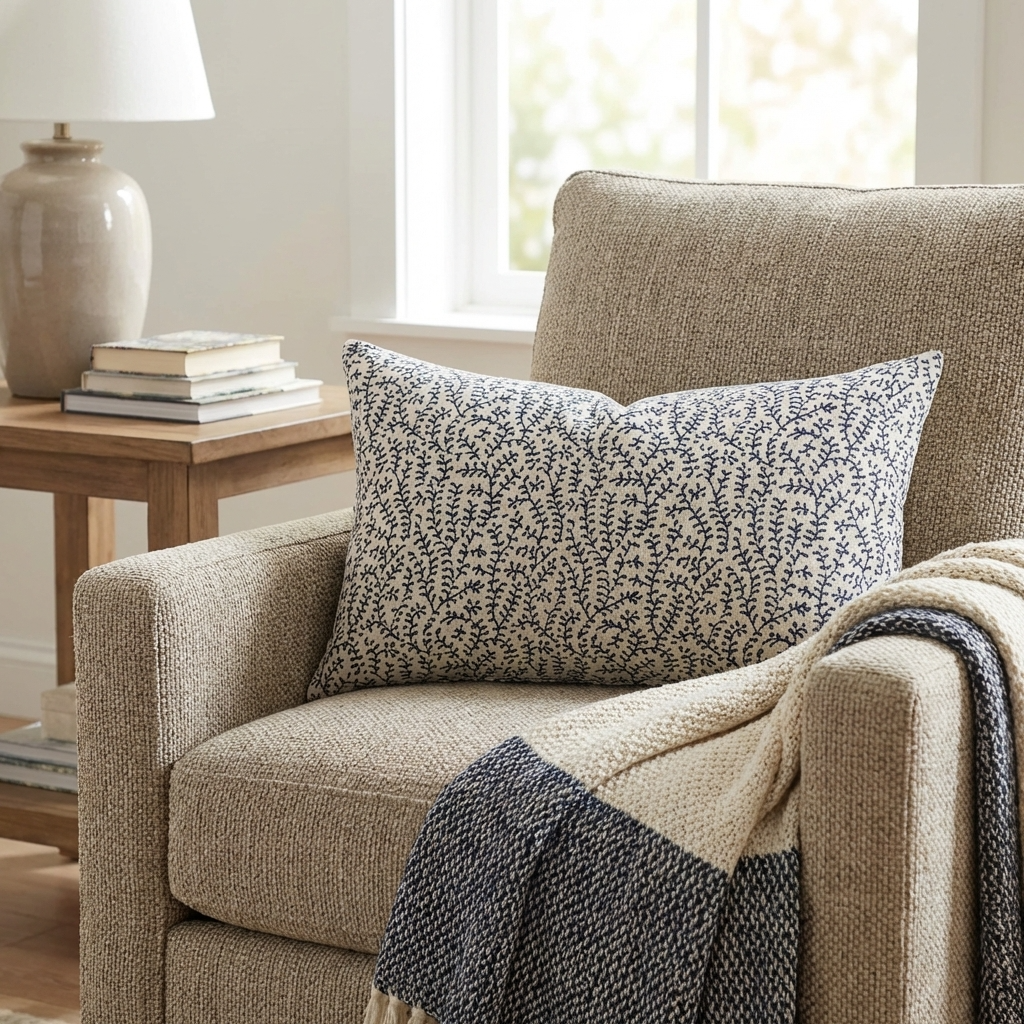 Deep Blue Reef Blue, cream Floral Luxury Throw Pillow