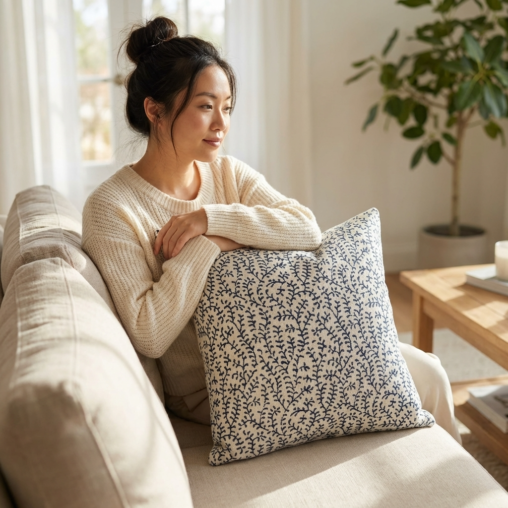 Deep Blue Reef Blue, cream Floral Luxury Throw Pillow