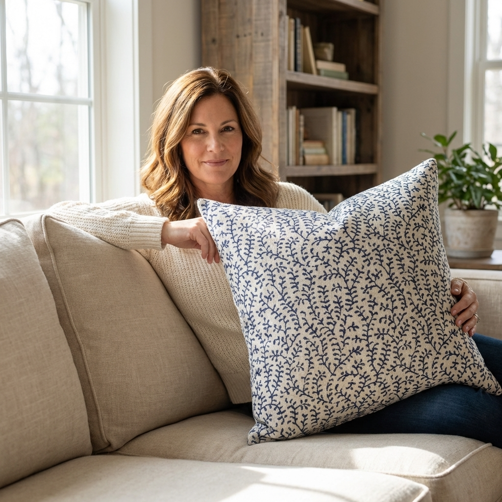 Deep Blue Reef Blue, cream Floral Luxury Throw Pillow