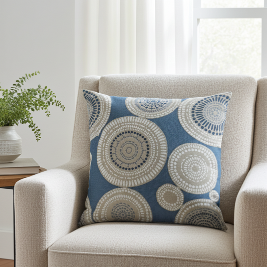 Seashell Haven Blue, cream Motif Luxury Throw Pillow