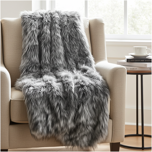Wolf Faux Fur Grey Luxury Throw