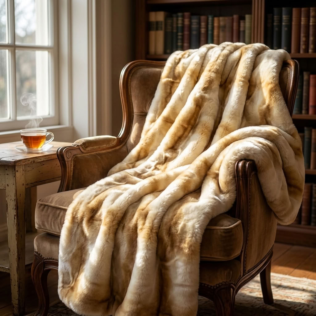 Snow Lynx Natural Color Faux Fur Luxury Throw