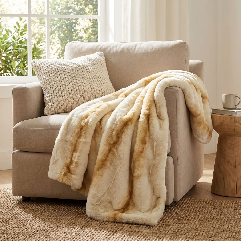 Snow Lynx Natural Color Faux Fur Luxury Throw