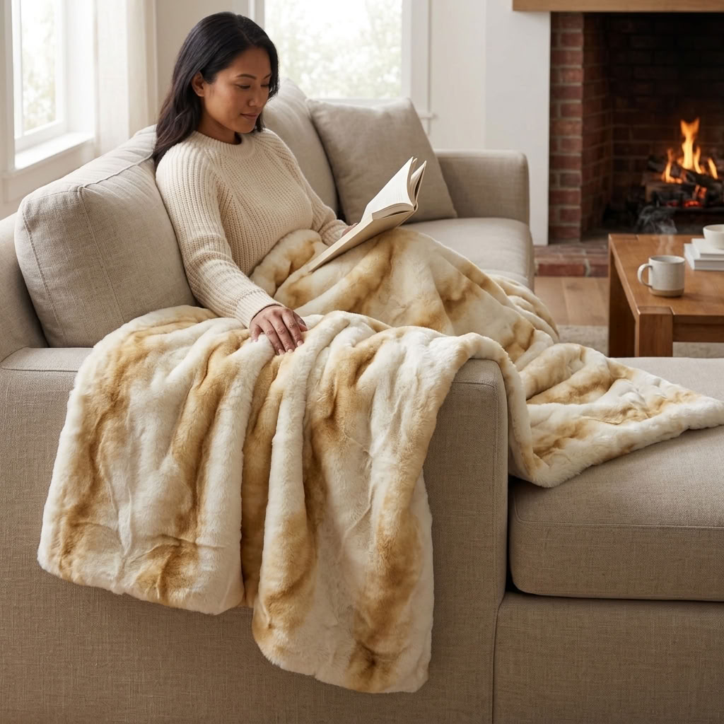 Snow Lynx Natural Color Faux Fur Luxury Throw