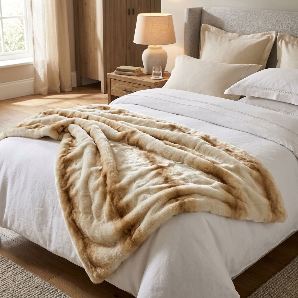 Snow Lynx Natural Color Faux Fur Luxury Throw