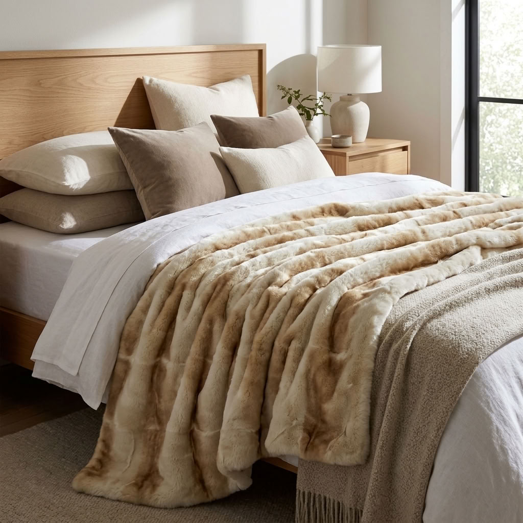 Snow Lynx Natural Color Faux Fur Luxury Throw