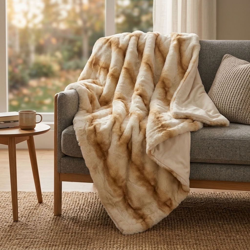 Snow Lynx Natural Color Faux Fur Luxury Throw
