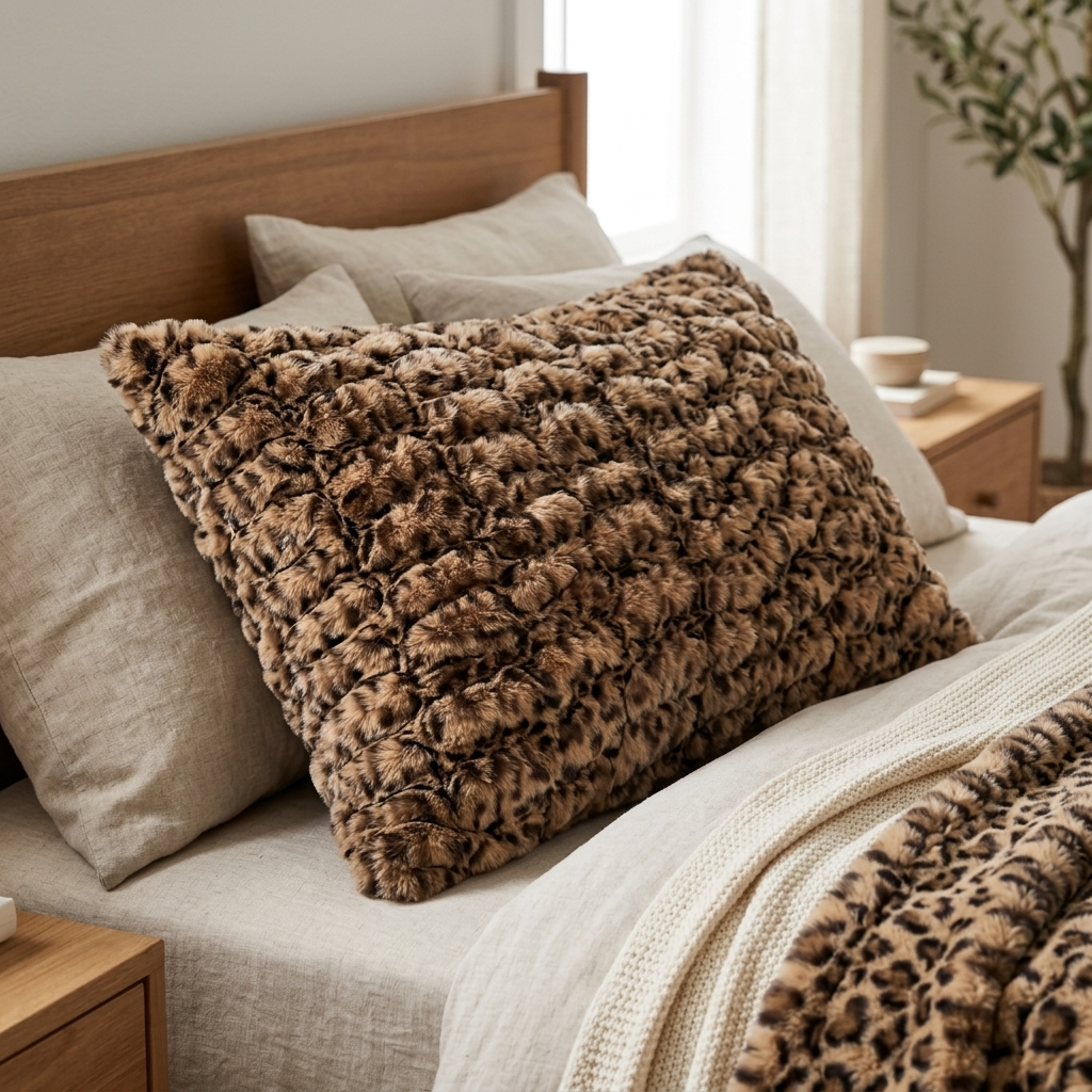 Plutus Brown, Beige Jungle Cat Animal Faux Fur Luxury Throw Pillow