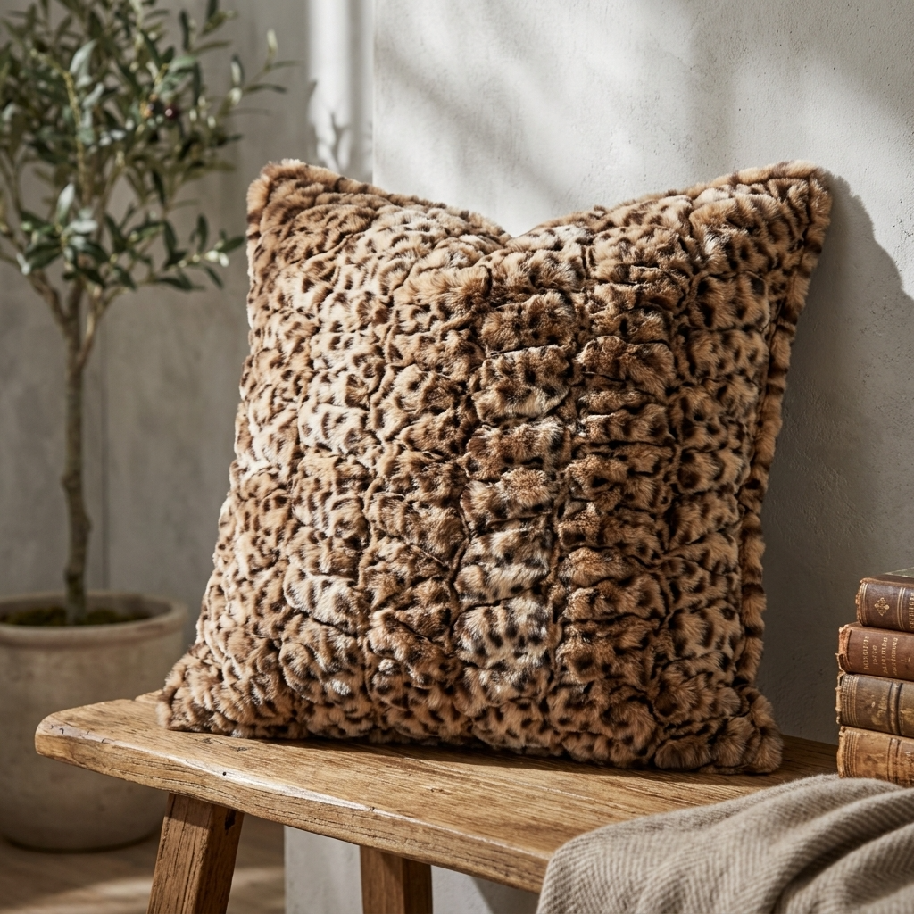 Plutus Brown, Beige Jungle Cat Animal Faux Fur Luxury Throw Pillow