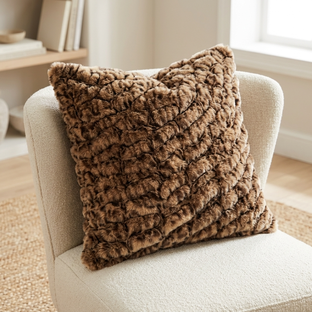 Plutus Brown, Beige Jungle Cat Animal Faux Fur Luxury Throw Pillow