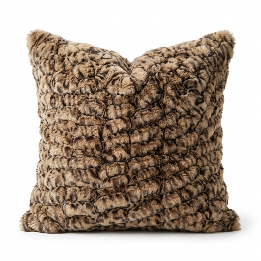 Plutus Brown, Beige Jungle Cat Animal Faux Fur Luxury Throw Pillow