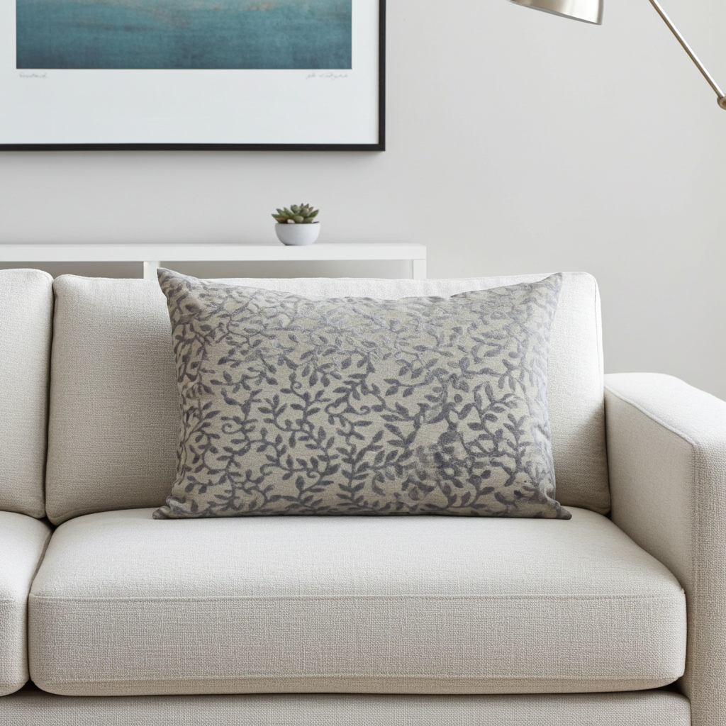 Plutus Grey Silver Whispering Vines Floral Luxury Throw Pillow