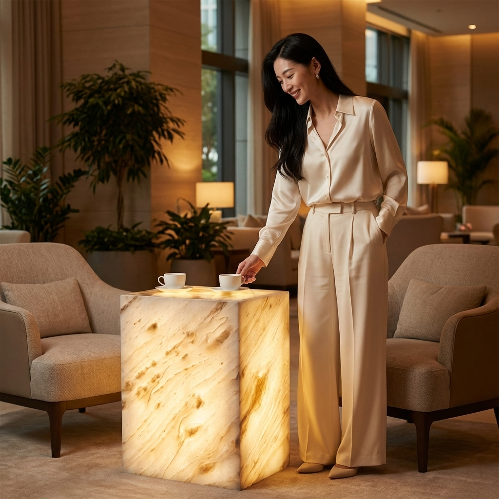 Plutus Brands Signature Natural Marble Side Table - Modern Luxury with Dimmable LED Glow