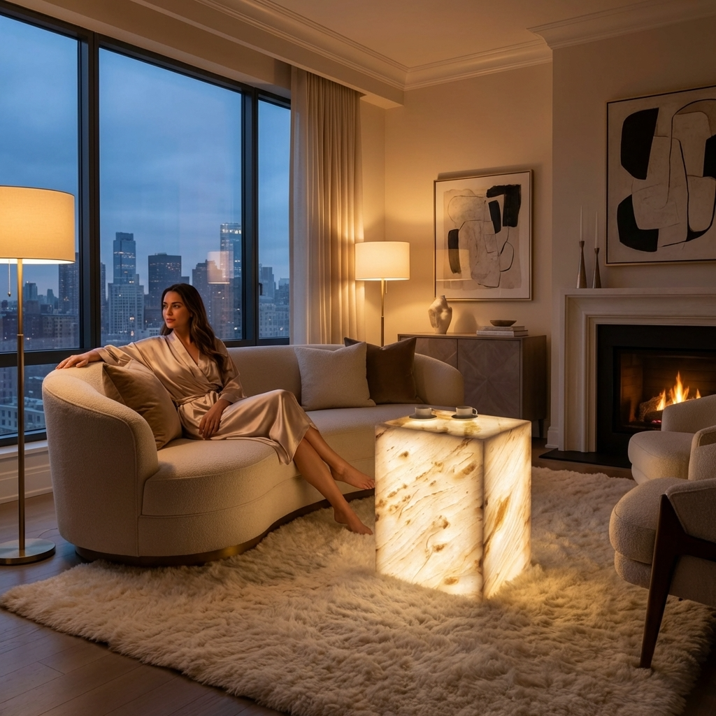 Plutus Brands Signature Natural Marble Side Table - Modern Luxury with Dimmable LED Glow