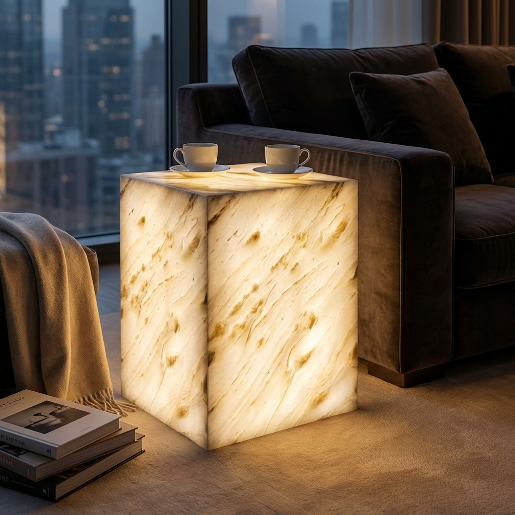 Plutus Brands Signature Natural Marble Side Table - Modern Luxury with Dimmable LED Glow