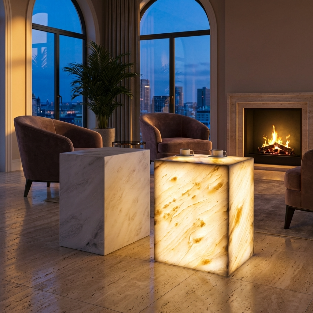 Plutus Brands Signature Natural Marble Side Table - Modern Luxury with Dimmable LED Glow