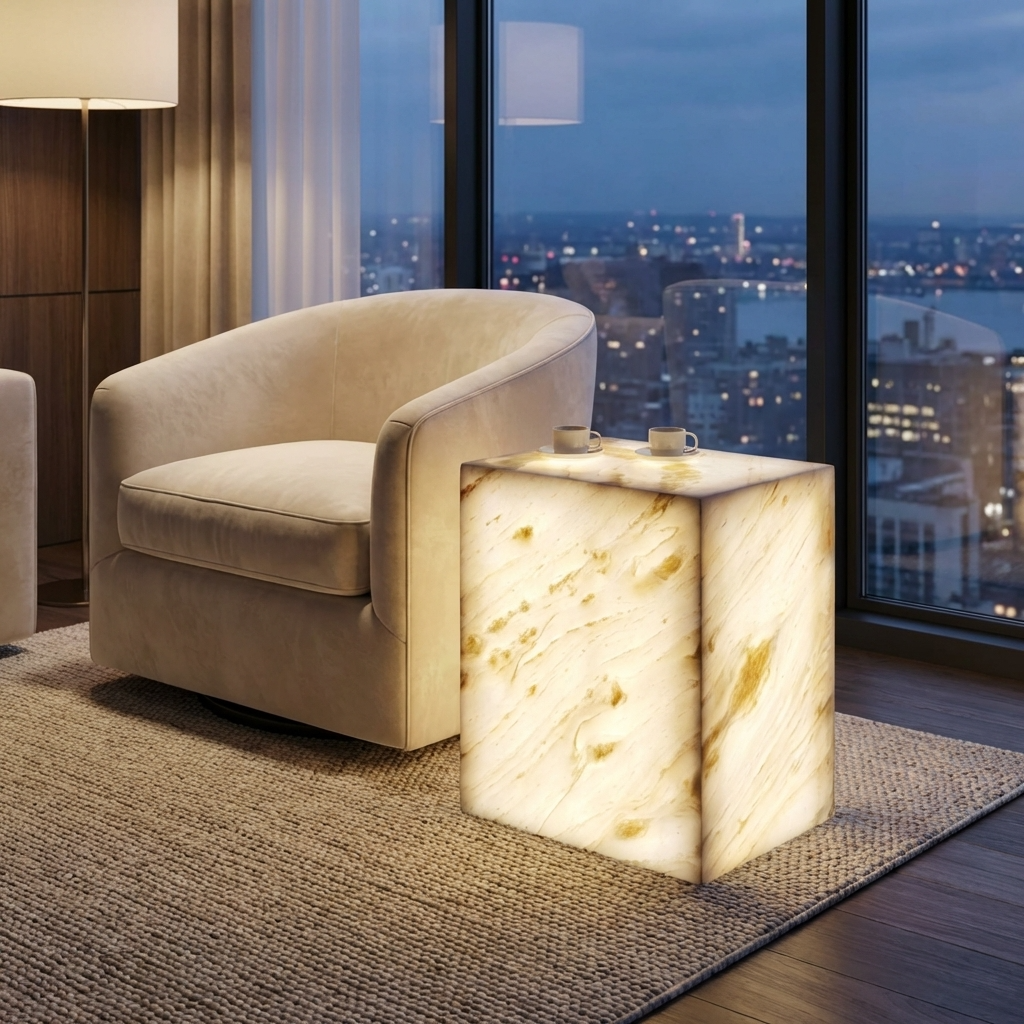 Plutus Brands Signature Natural Marble Side Table - Modern Luxury with Dimmable LED Glow