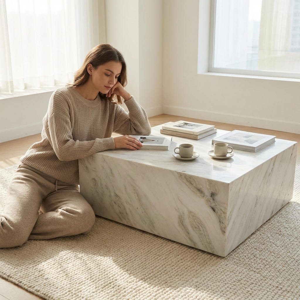 Natural Marble Square Coffee Table - Modern Luxury with Dimmable LED Glow