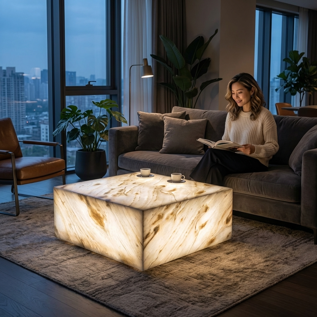 Natural Marble Square Coffee Table - Modern Luxury with Dimmable LED Glow