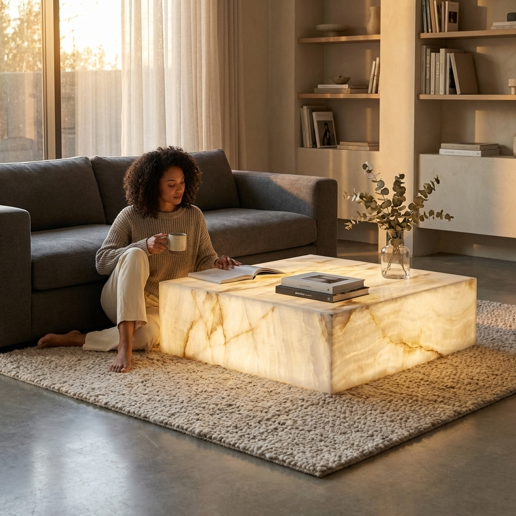 Natural Marble Square Coffee Table - Modern Luxury with Dimmable LED Glow
