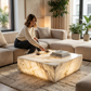 Natural Marble Square Coffee Table - Modern Luxury with Dimmable LED Glow