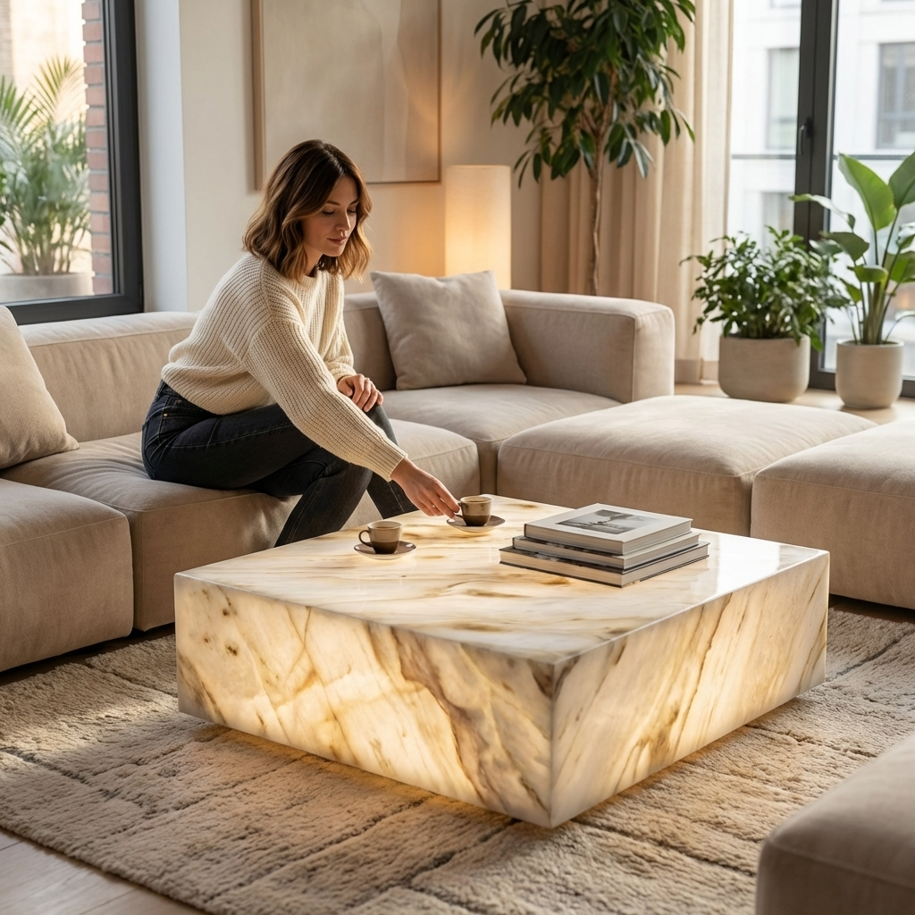 Natural Marble Square Coffee Table - Modern Luxury with Dimmable LED Glow