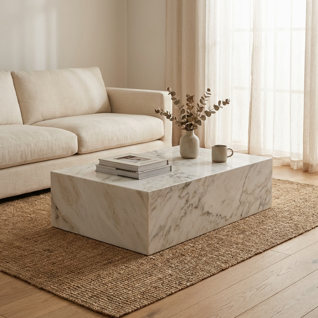Natural Marble Rectangular Coffee Table - Modern Luxury with Dimmable LED Glow
