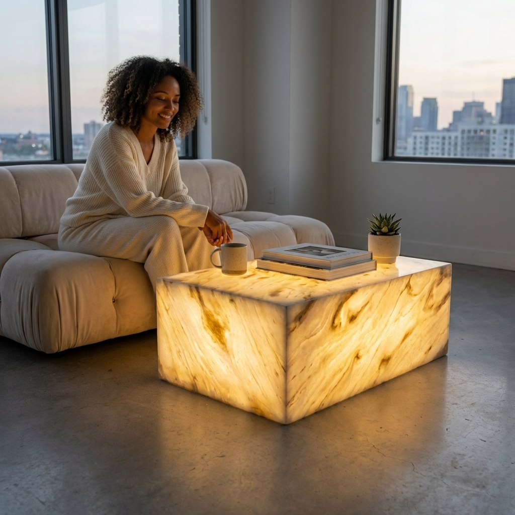Natural Marble Rectangular Coffee Table - Modern Luxury with Dimmable LED Glow