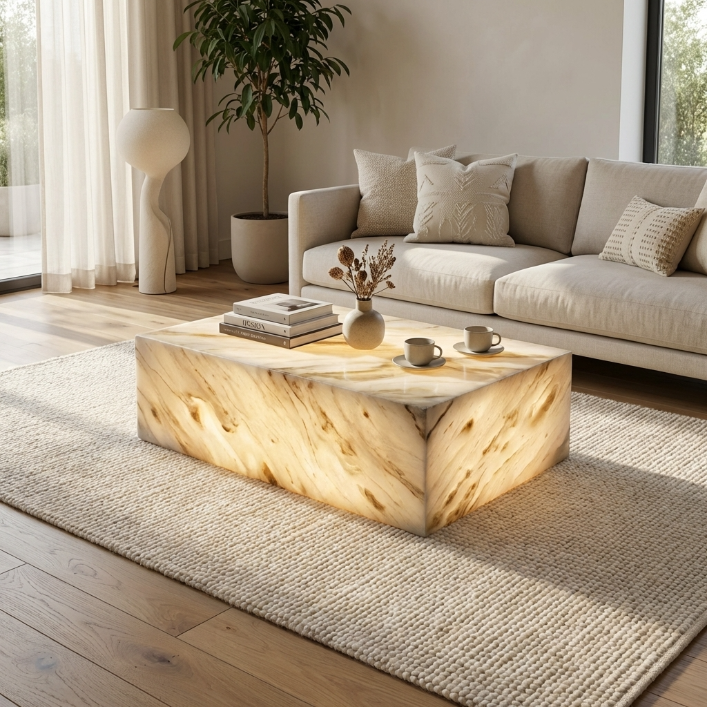 Natural Marble Rectangular Coffee Table - Modern Luxury with Dimmable LED Glow