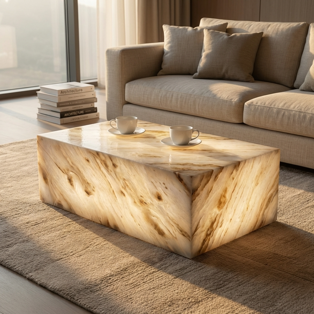 Natural Marble Rectangular Coffee Table - Modern Luxury with Dimmable LED Glow
