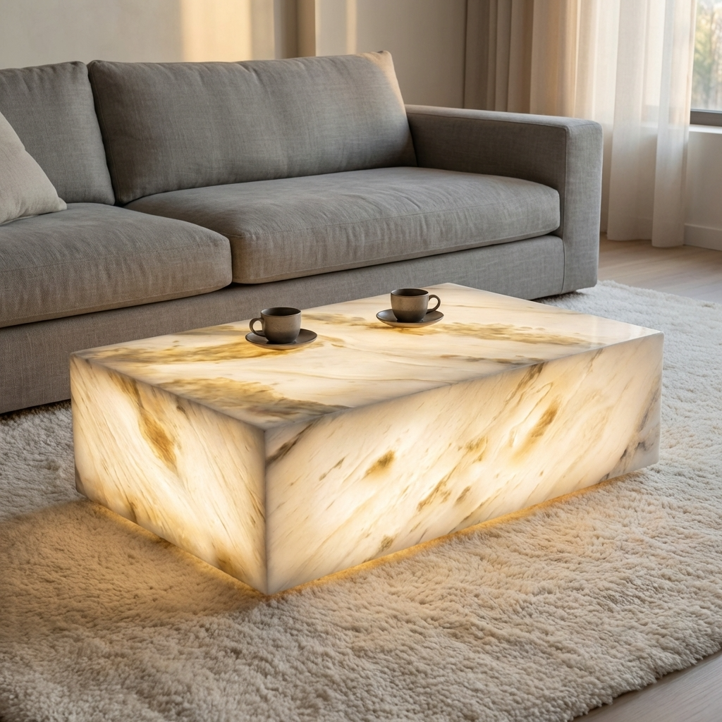 Natural Marble Rectangular Coffee Table - Modern Luxury with Dimmable LED Glow